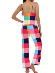 Plaid Lounge Set Crew Neck Cami Top & Pants Women's Loungewear