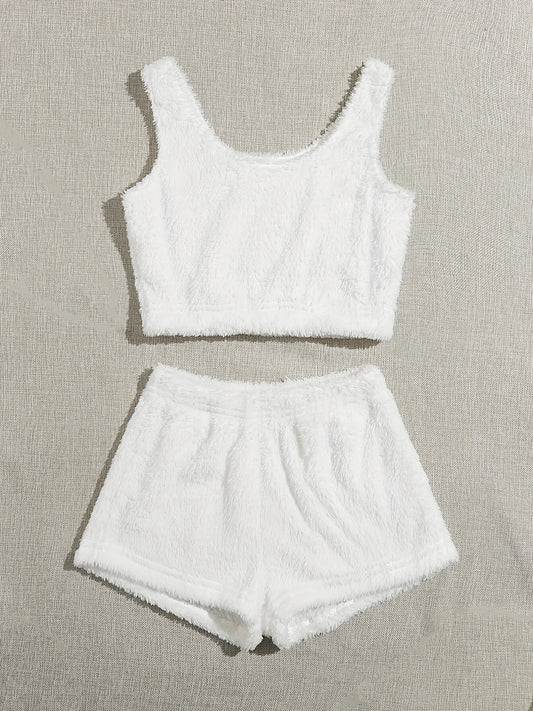 Furry Two piece Set Casual Crop Tank Top & Elastic Waist Shorts