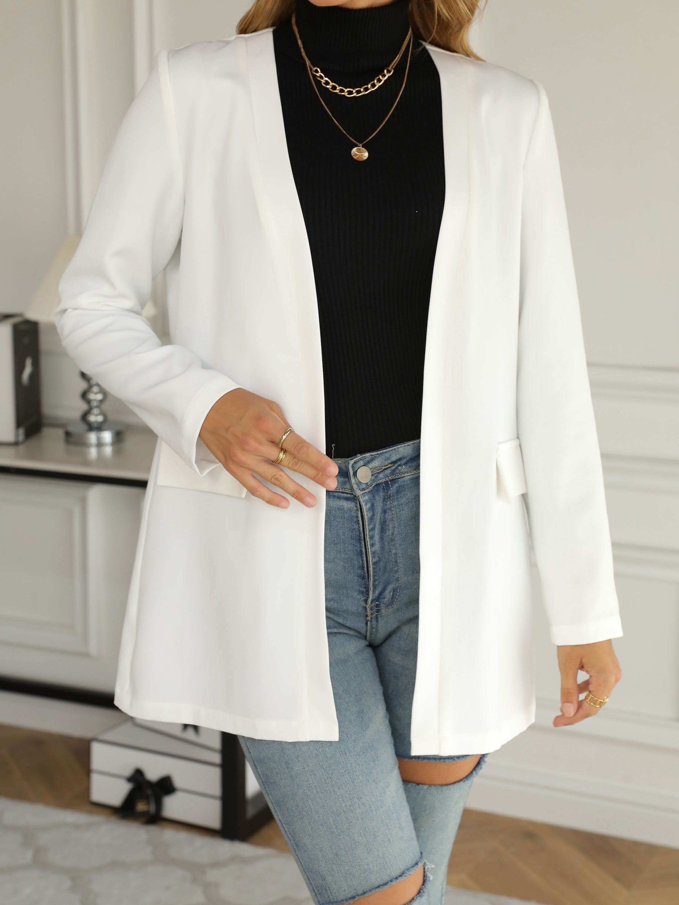  Solid Long Sleeve Open Front Blazer