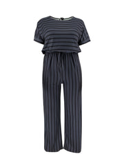  Striped Wide Leg Short Sleeve Jumpsuit Women's Plus Medium Stretch