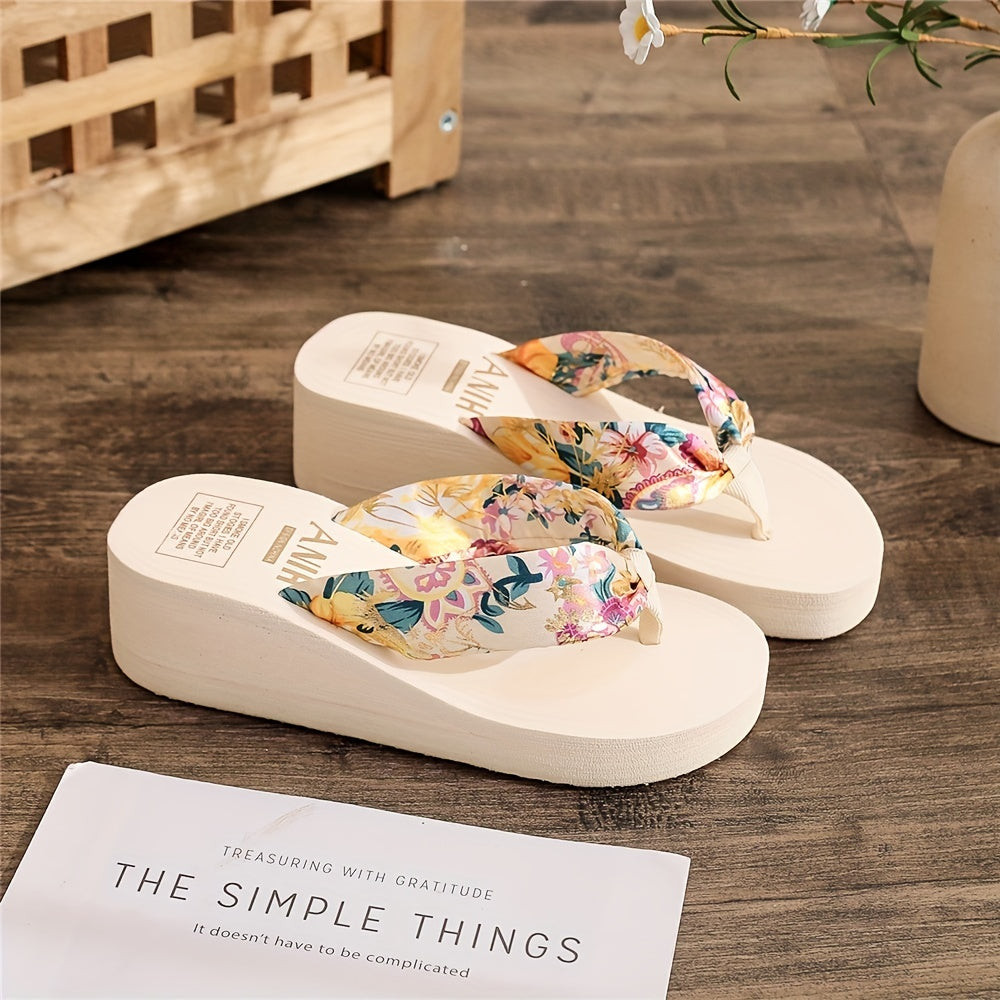 Floral Print Wedge Flip Flops Platform Slide Sandals