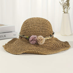 Khaki Crochet Flower Sun Hat Hollow Out Breathable Straw Bucket Hat