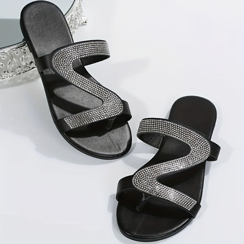 Women's Rhinestone Loop Toe Slide Sandals Lightweight Flat Summer Shoes