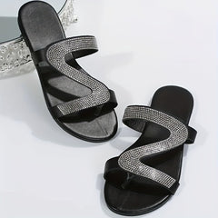 Women's Rhinestone Loop Toe Slide Sandals Lightweight Flat Summer Shoes