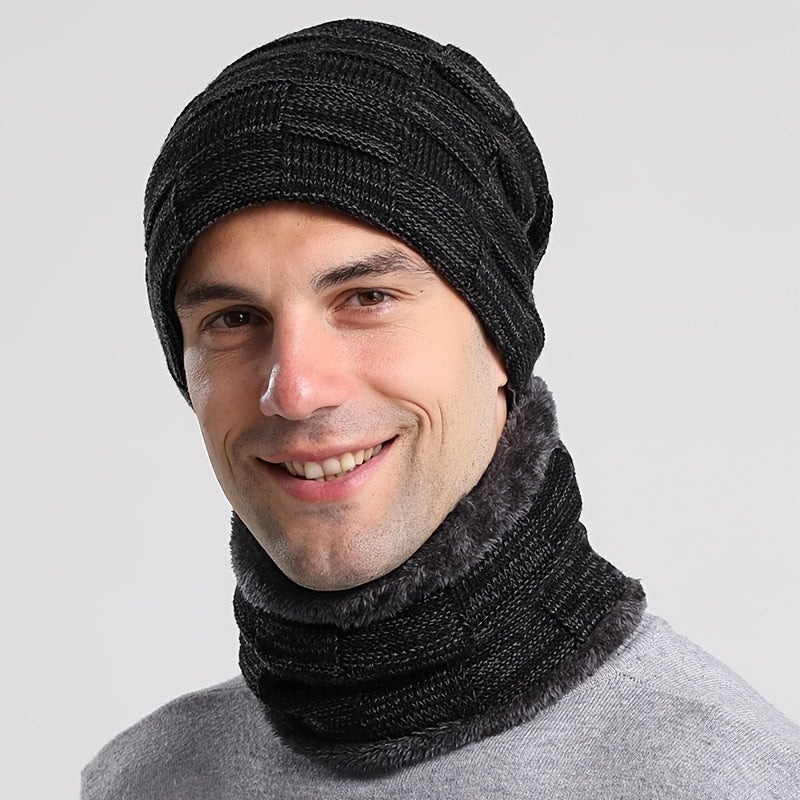 Winter Beanie Scarf Halter Set Thick Fleece Lined Neck Halter Warm Knitted Hat