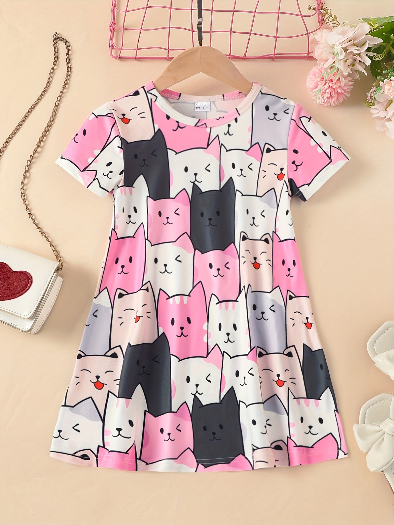 Girls Casual Kitten Graphic Dress for Summer Holiday Party Kids Clothes