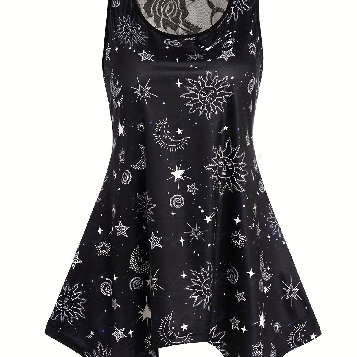 Gothic Sun & Moon Mesh Tank Top, Crew Neck Sleeveless Summer Top