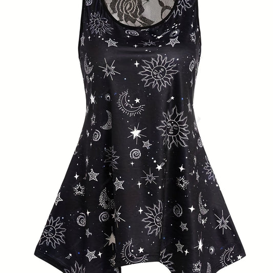 Gothic Sun & Moon Mesh Tank Top, Crew Neck Sleeveless Summer Top