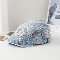 Y2K Floral Print Beret Denim Vintage Women Peaked Cap