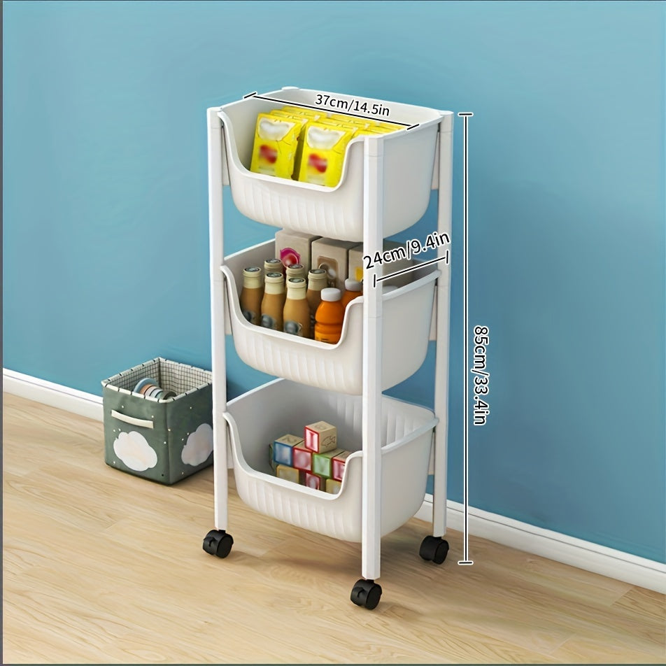 1pc Plastic Rolling Cart With Handle Storage Trolley Movable Storage Rack