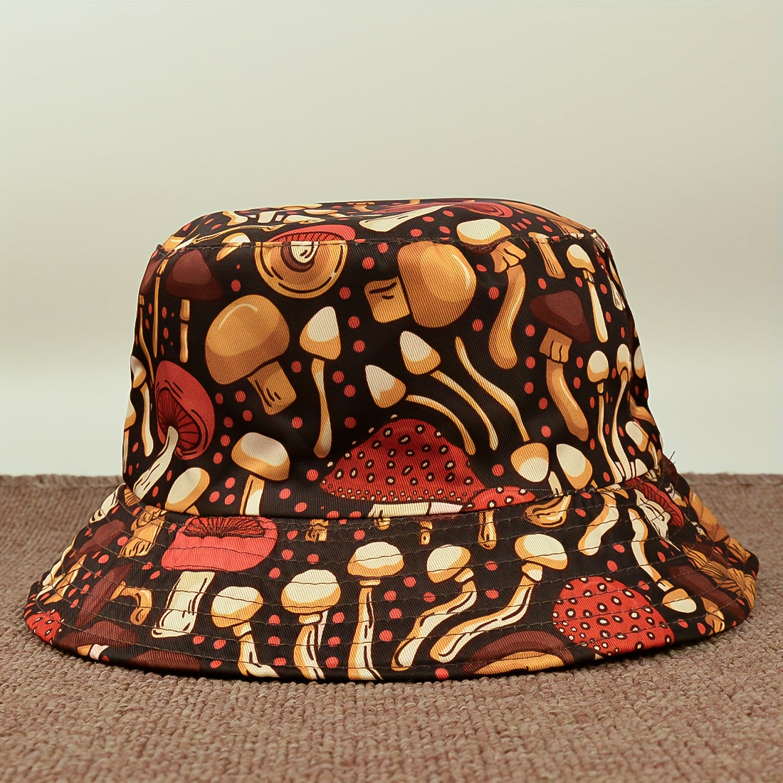 Foldable Sunshade Bucket Hat Mushroom Print Double Sided Sun Hat
