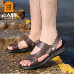 LAORENTOU Men's Leather Sandals Outdoor Anti-skid Beach Shoes