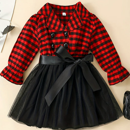 Girls' Plaid Double Breasted Tutu Dress For Christmas