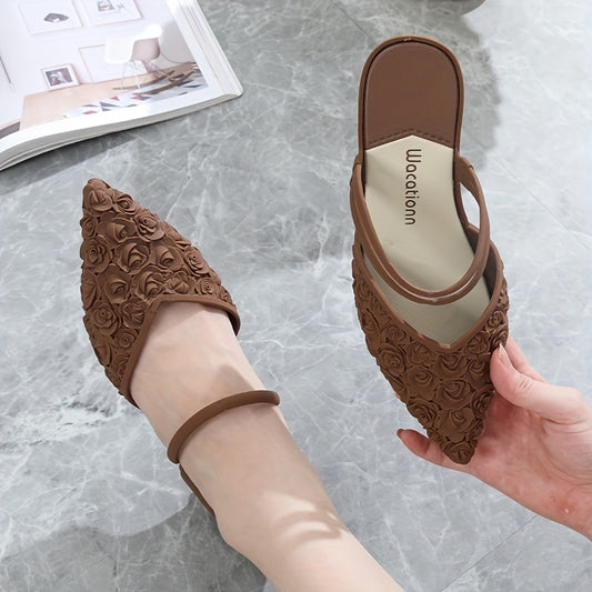 Women's Rose Embossed Slingback Sandals Chunky Low Heels