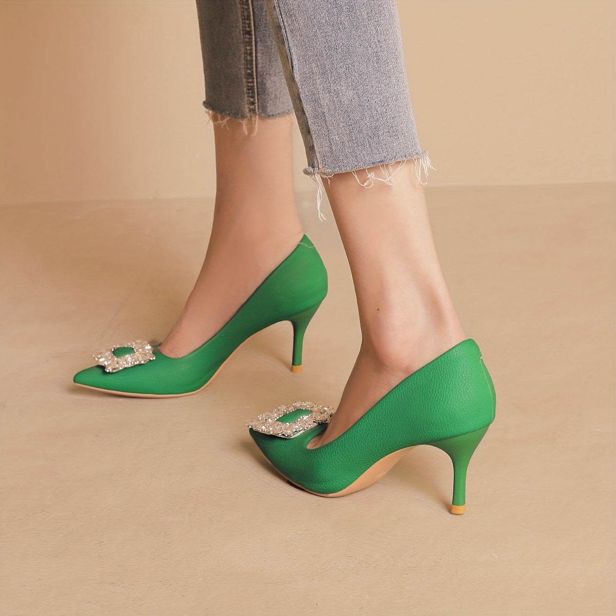 Crystal Decor Stiletto Heels Point Toe Faux Leather Pumps