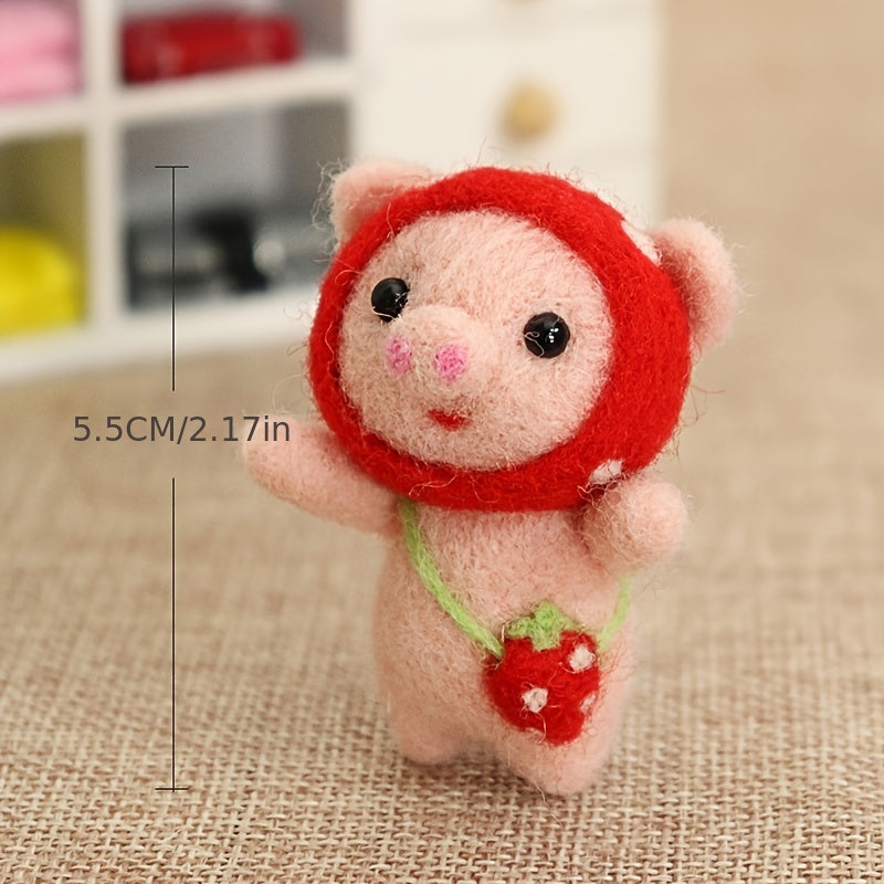 Wool Felting DIY Kit Pig With Red Strawberry Hat And Bag