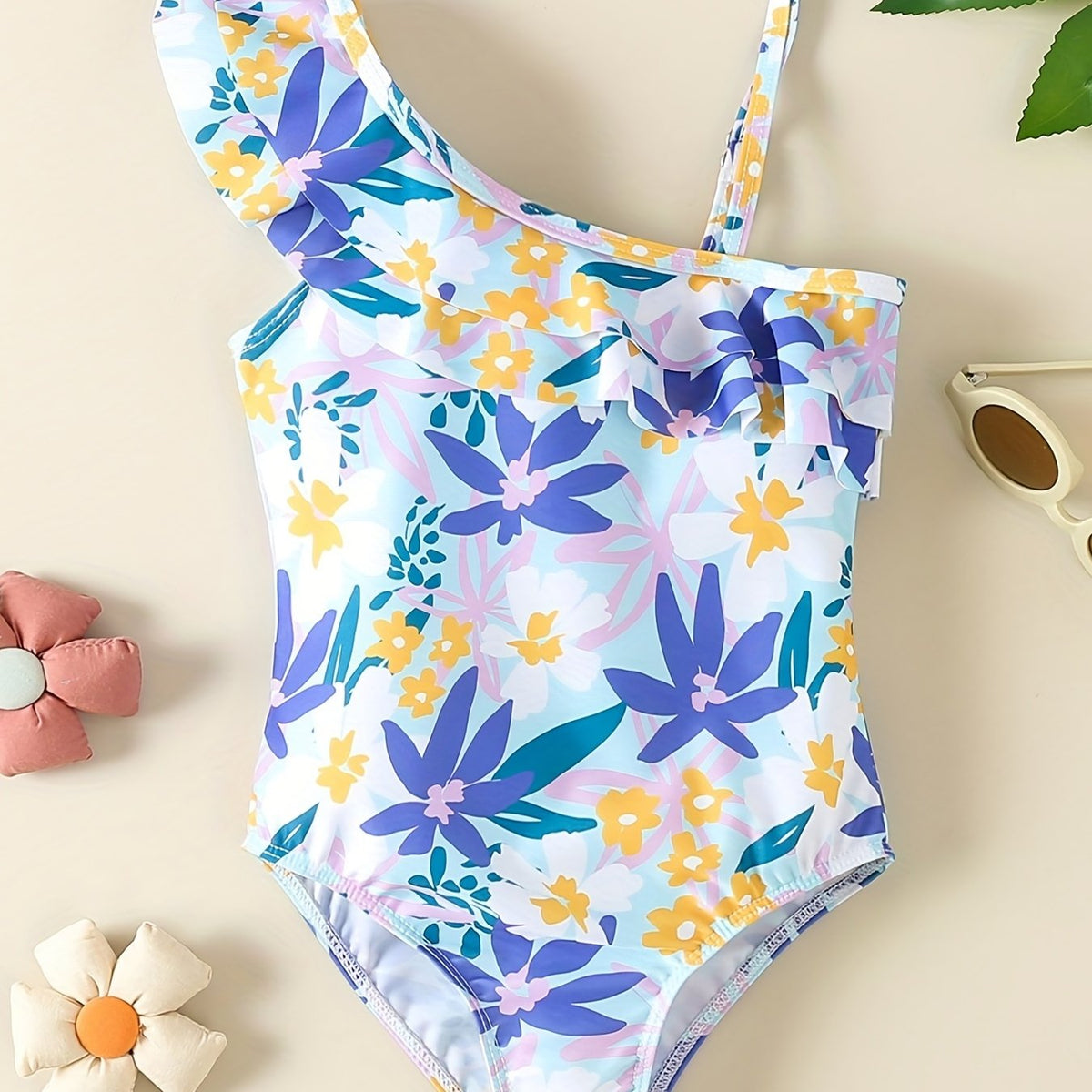 One Shoulder Swimsuit with Flower Graphic and Ruffled Trim