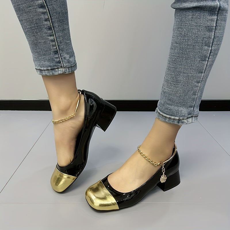 Women's Colorblock Chunky Low Heels Square Toe Chain Ankle Strap Shoes
