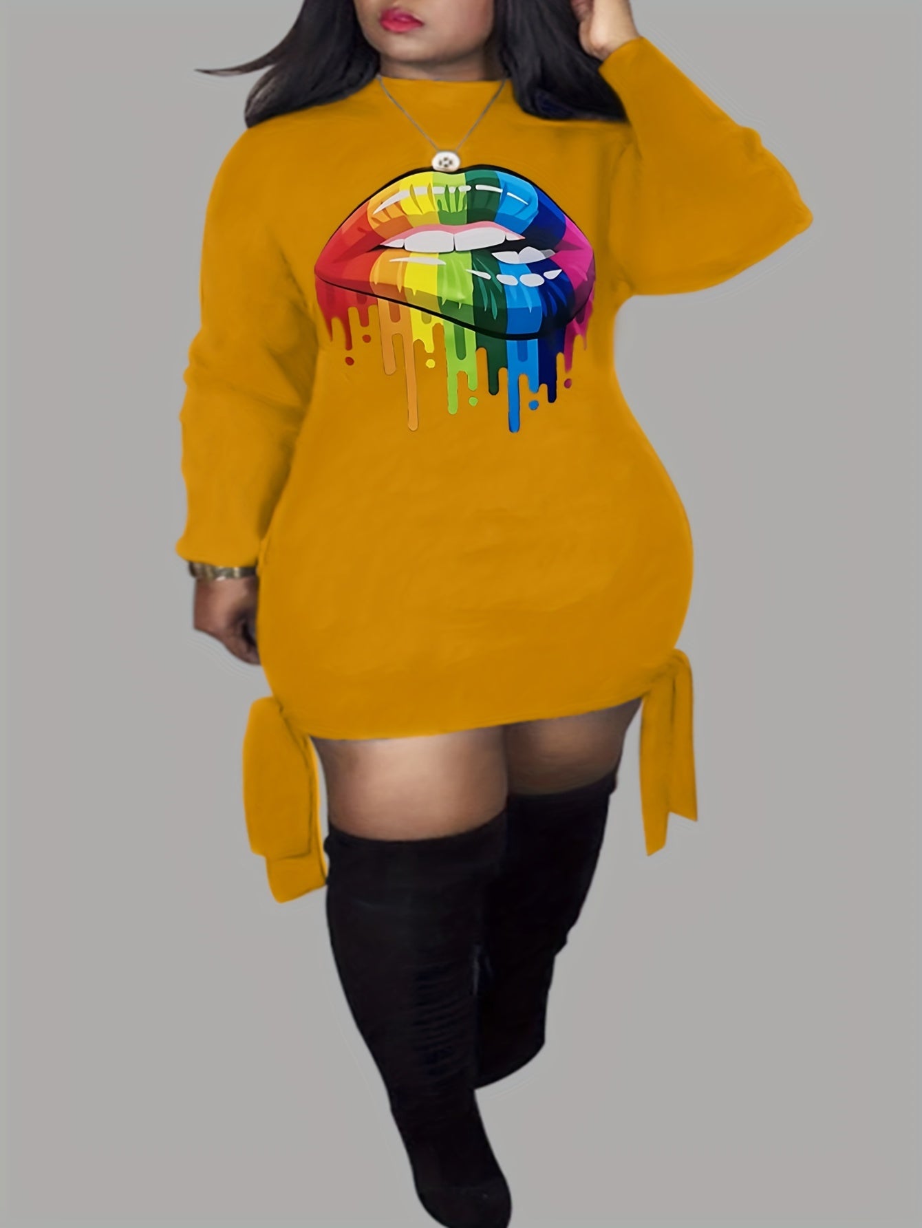  Lip Print Side Tie Long Sleeve Bodycon Midi Dress