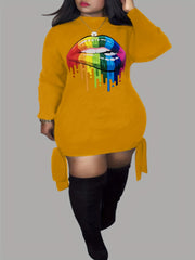  Lip Print Side Tie Long Sleeve Bodycon Midi Dress