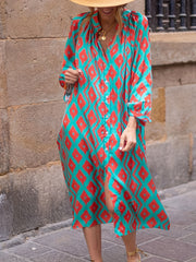  Boho Dress Women's Plus Geo Print Lantern Sleeve Button Up