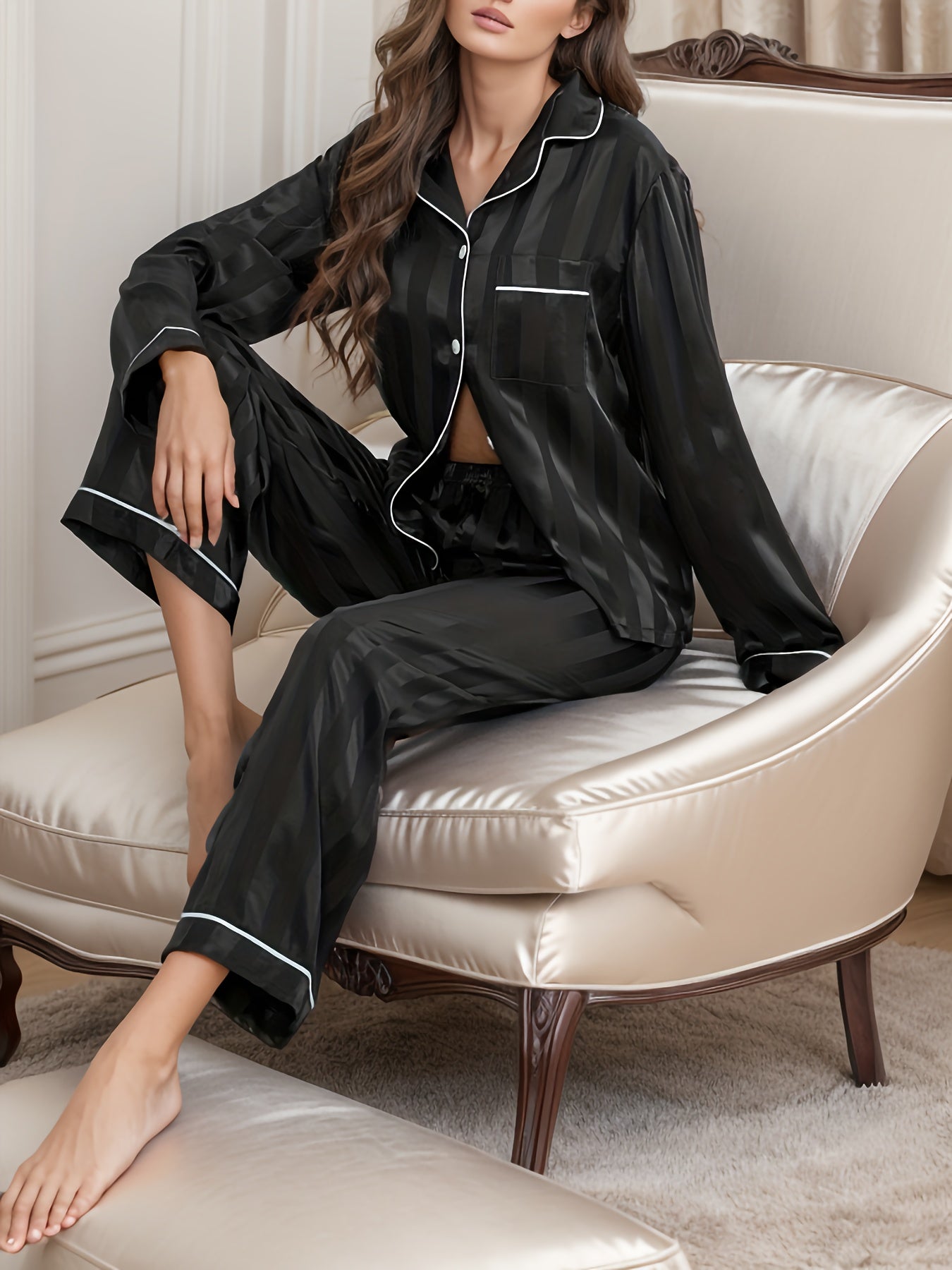 Striped Satin Pajama Set Long Sleeve Buttons Top & Elastic Waistband Pants