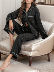 Striped Satin Pajama Set Long Sleeve Buttons Top & Elastic Waistband Pants