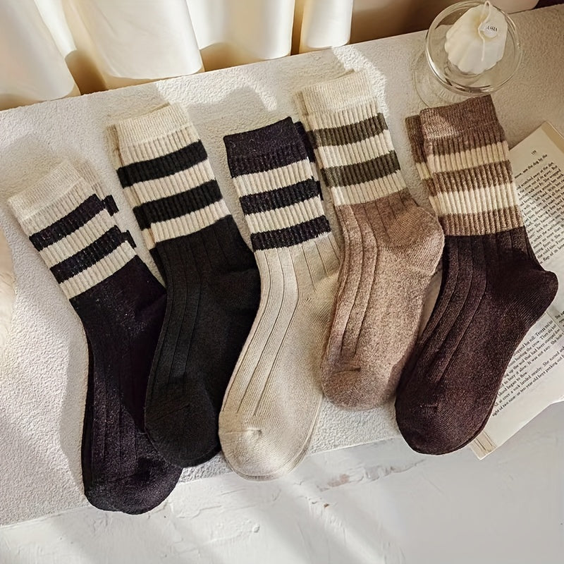 5 Pairs Striped Crew Socks Women's Stockings