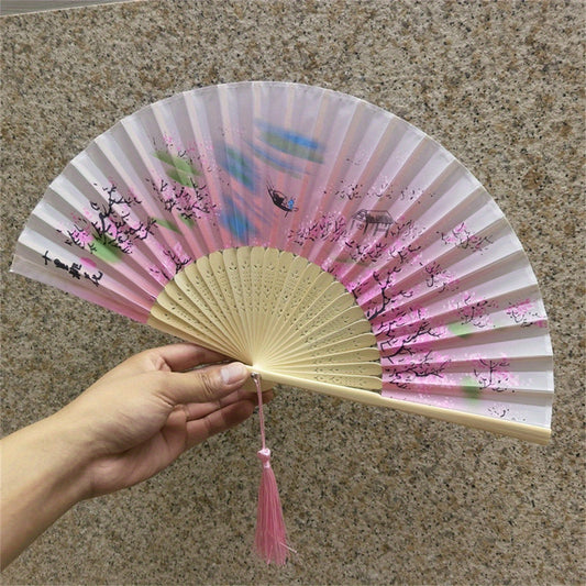 Floral Handheld Fan Chinese Style Folding Fan Silky Bamboo Tassel