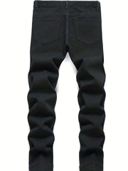 Spider Web Pattern Slim Fit Ripped Jeans Men's Casual Street Style Denim Pants