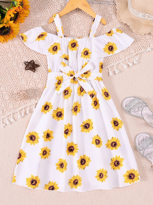 Toddler Girls Sunflower Graphic Cold Shoulder Belted Princess Dress