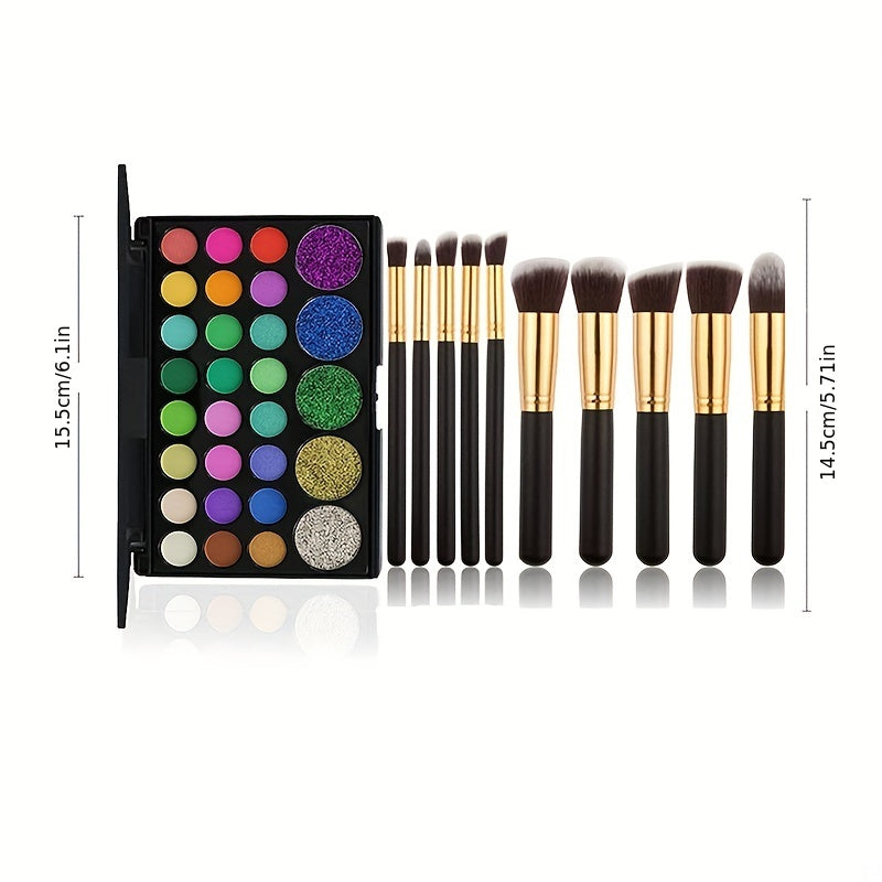 29 Colors Eyeshadow Palette Set Pearly Matte Glitter Finish & 10 Brushes