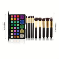 29 Colors Eyeshadow Palette Set Pearly Matte Glitter Finish & 10 Brushes