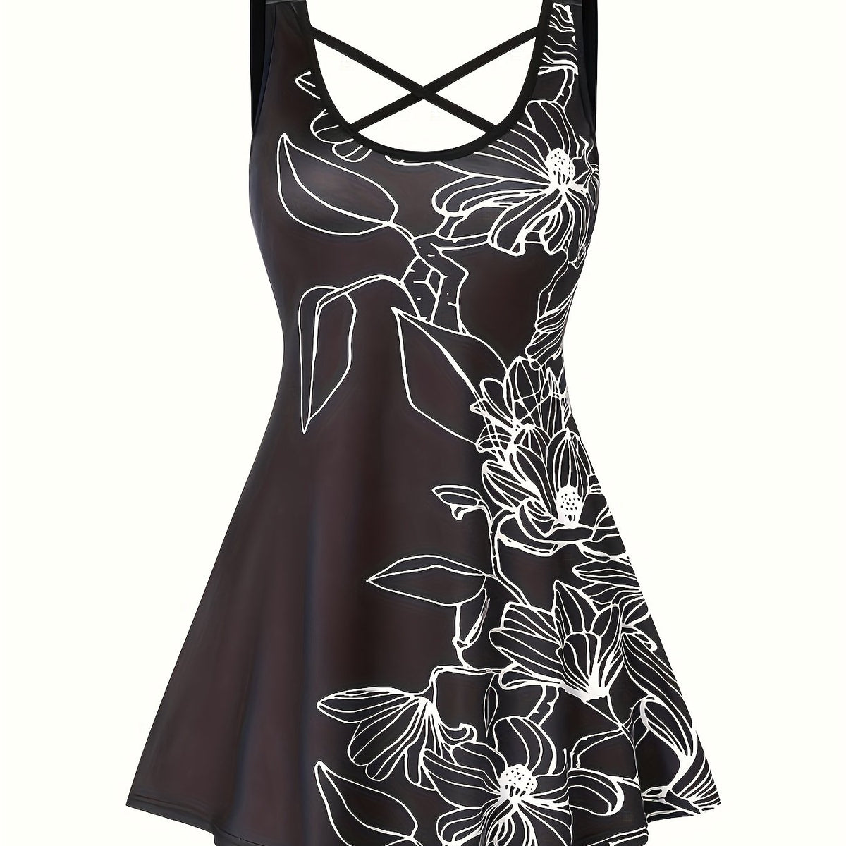 Floral Print Criss Cross Round Neck Tank Top Plus Size