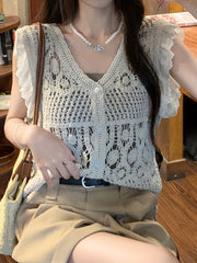 Scallop Trim Knitted Tank Top V Neck Sleeveless Crochet Top
