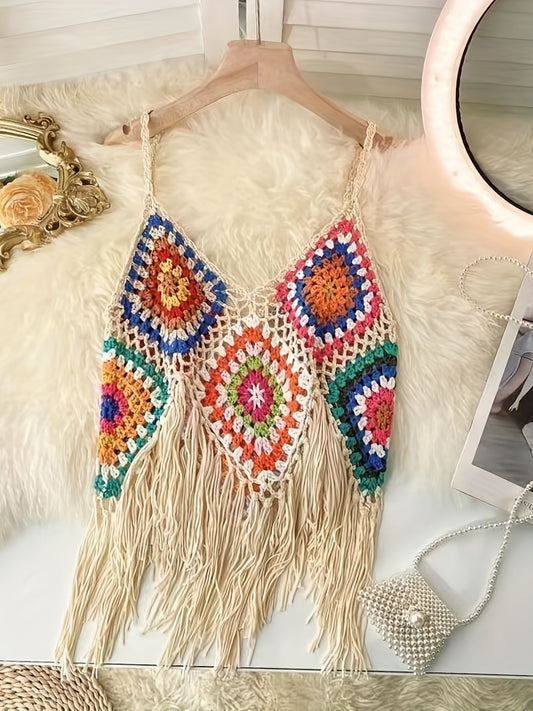 Graphic Print Tassel Cami Top Beach Wear Sleeveless Top