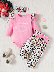 Cute Baby Girls 3 Piece Outfit Squirrel Print Ruffle Sleeve Bodysuit Pants & Hea