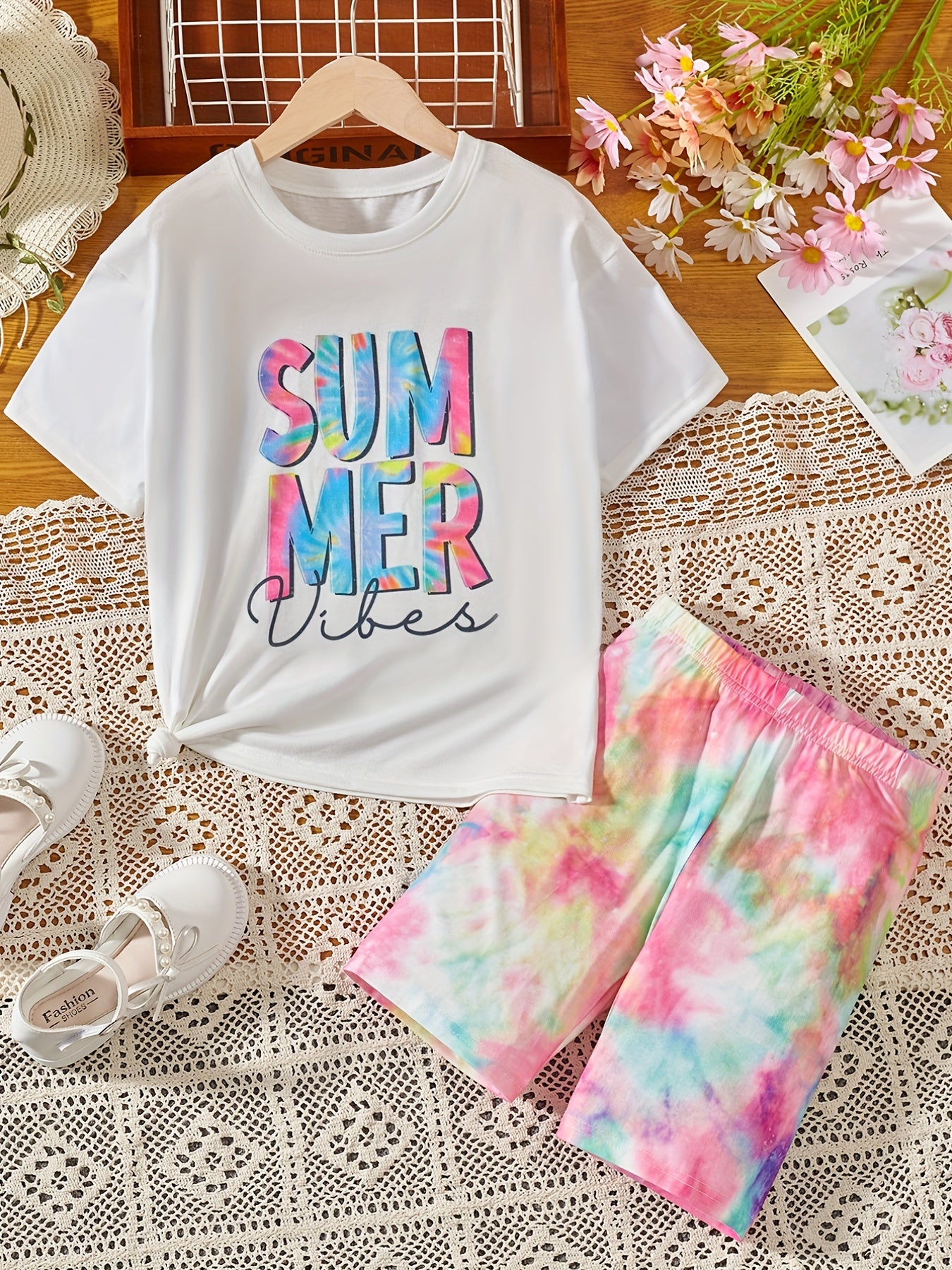 2 Pcs Girls' Tie Dye T Shirt & Shorts Set for Summer