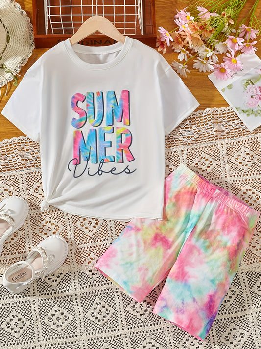 2 Pcs Girls' Tie Dye T Shirt & Shorts Set for Summer