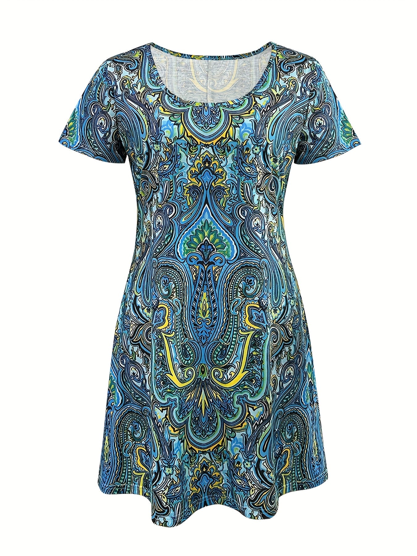  Allover Paisley Print Short Sleeve Dress