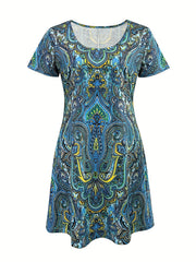  Allover Paisley Print Short Sleeve Dress