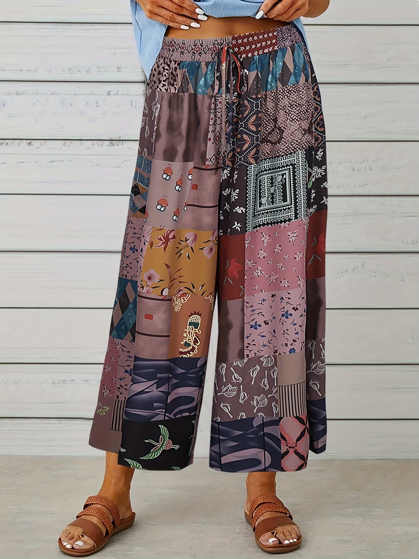  Colorblock Floral Print Wide Leg Pants