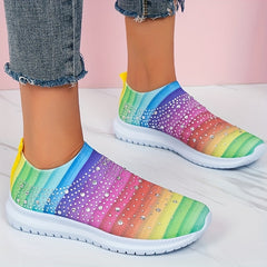 Women's Rhinestone Mesh Sneakers Soft Sole Slip On Casual Shoes