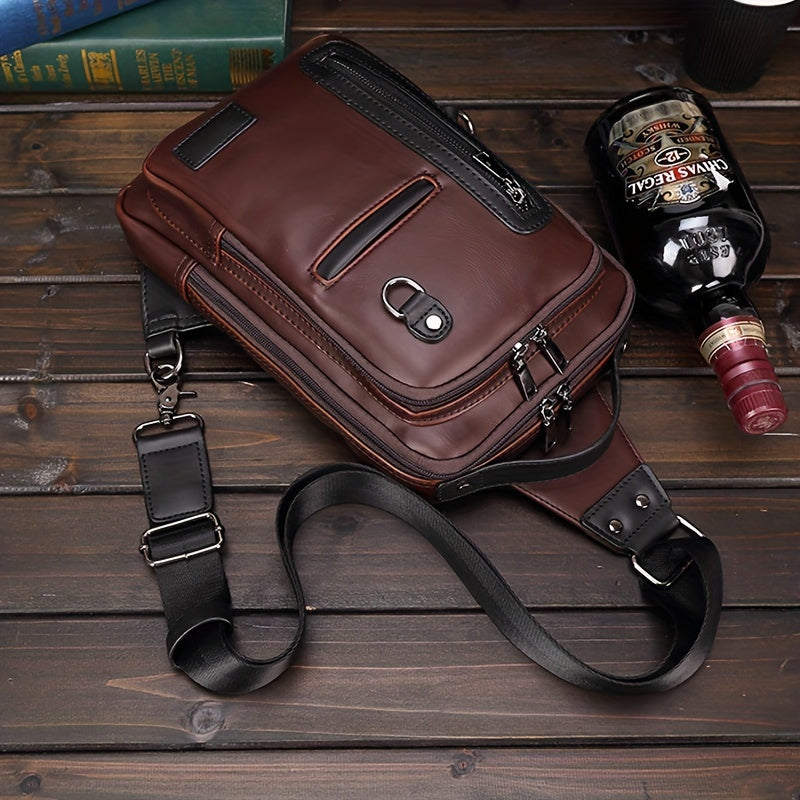Men's Leather Crossbody Bag Vintage Chest Bag Large Capacity Satchel