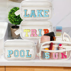 Transparent Cosmetic Bag with Chenille Letter Patch for Women and Teens
