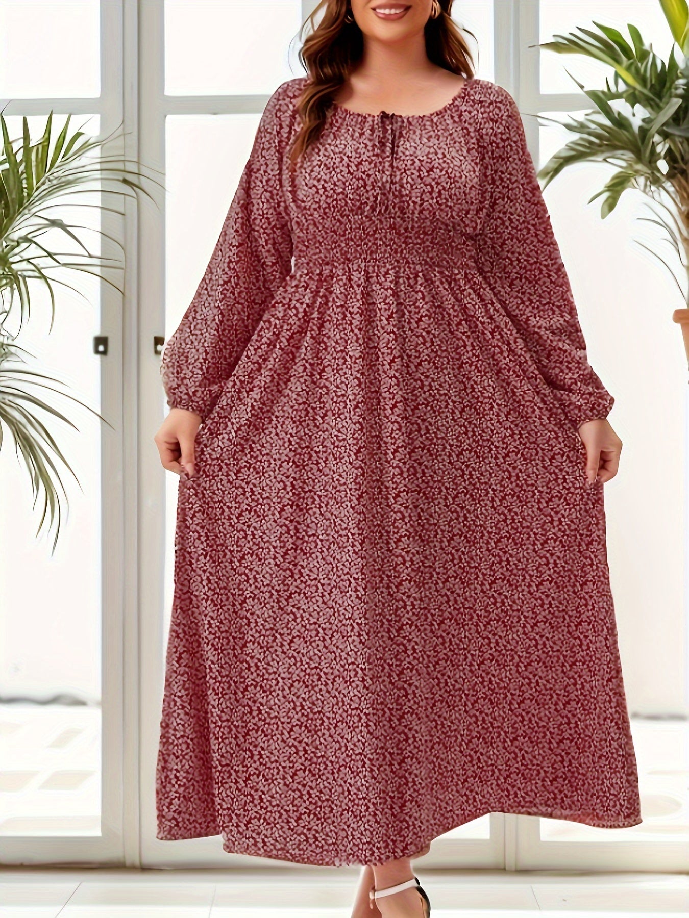  Casual Allover Print Long Sleeve Maxi Dress