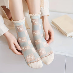 5 Pairs Floral & Heart Print Mesh Socks Women's Stockings & Hosiery