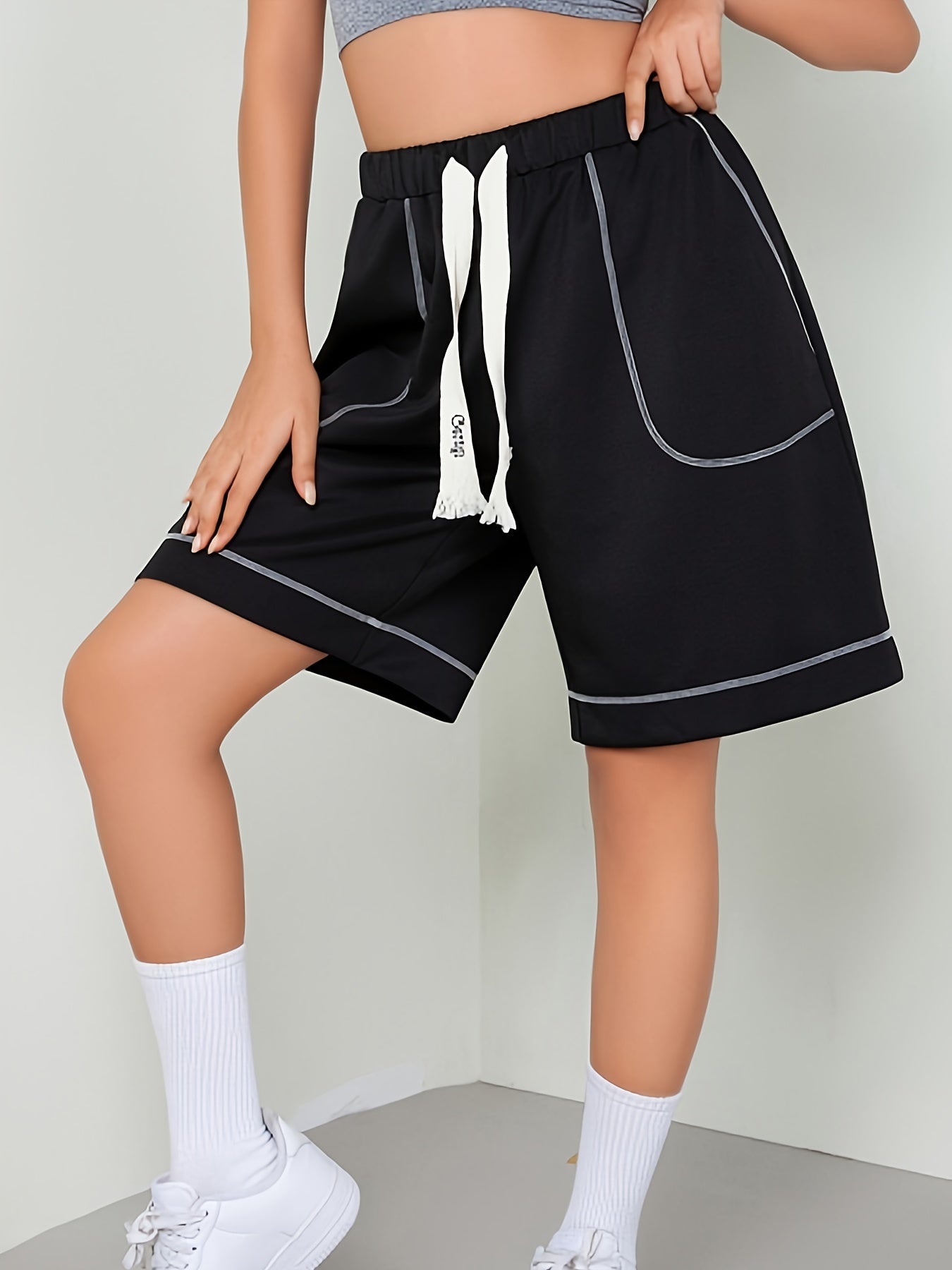  Casual Shorts Women's Plus Solid Stitching Elastic Drawstring