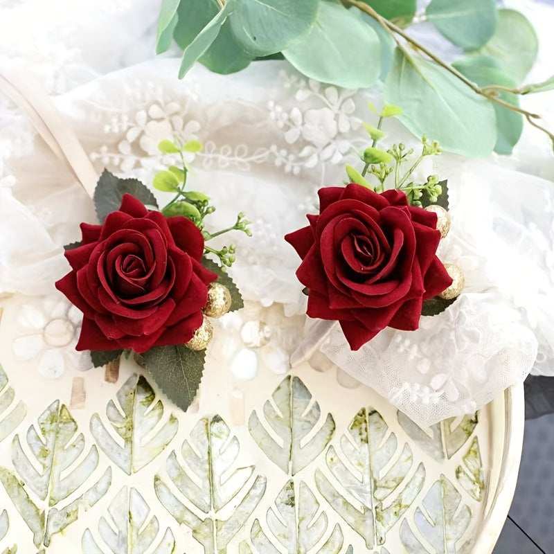 Red Rose & Greenery Bracelet Flower Polyester Romantic Wedding Accessory