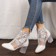 Floral Print Lace Ankle Boots High Heel Shoes